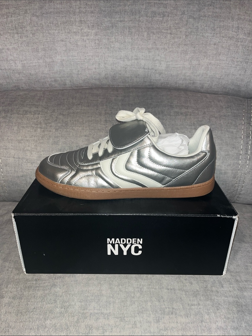 Madden NYC Metallic Silver Trainer with Gum Sole